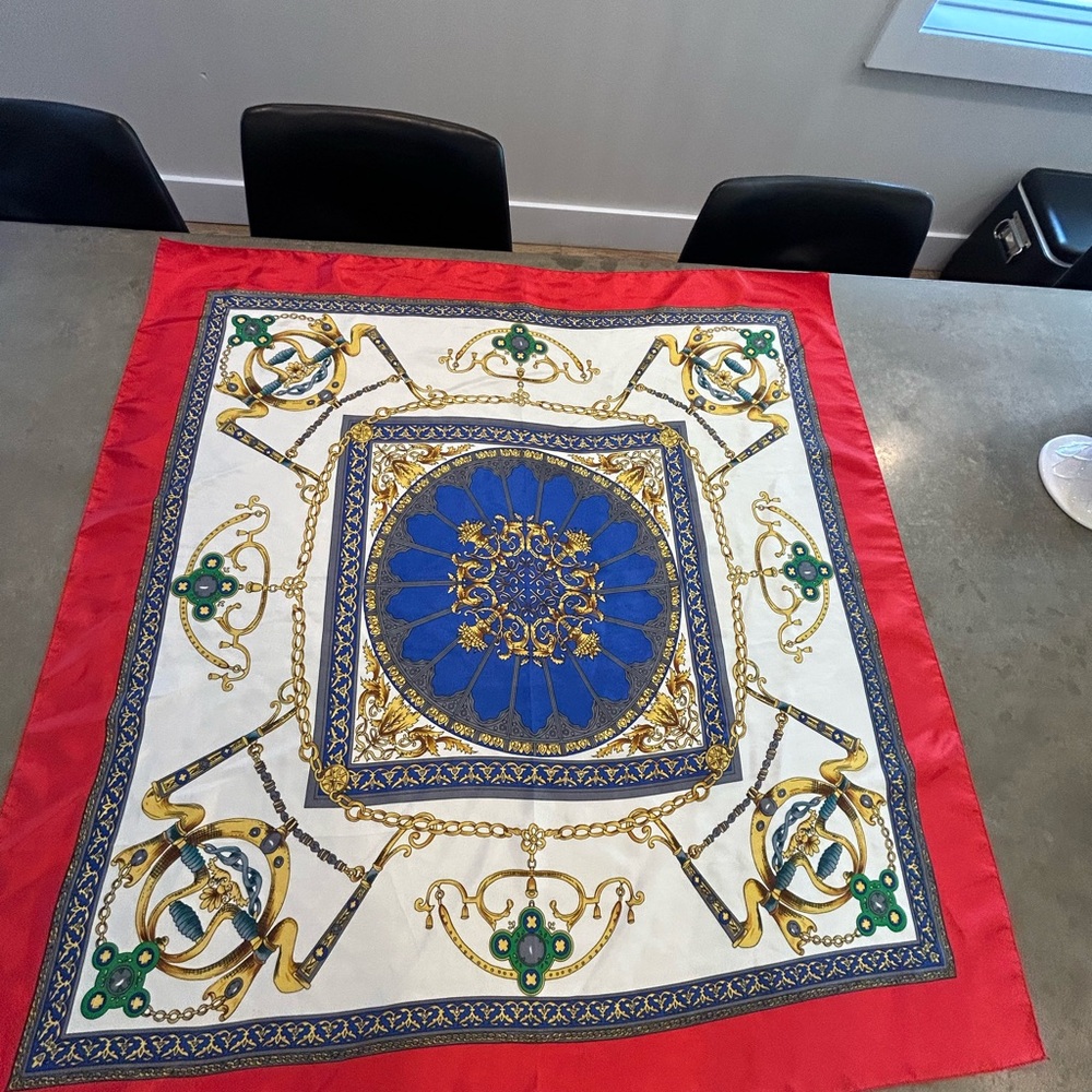 Elegant Red and Blue Silk Scarf